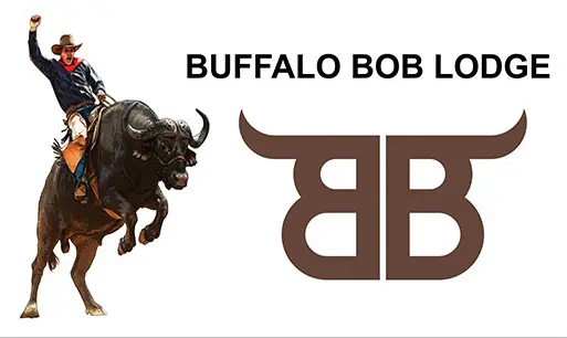 A bull is jumping in front of the buffalo bob logo.