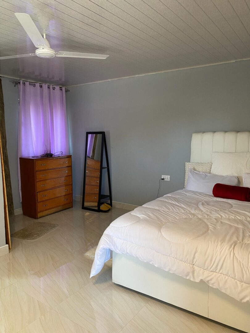 Cozy bedroom with white bedding, wooden dresser, and standing mirror.